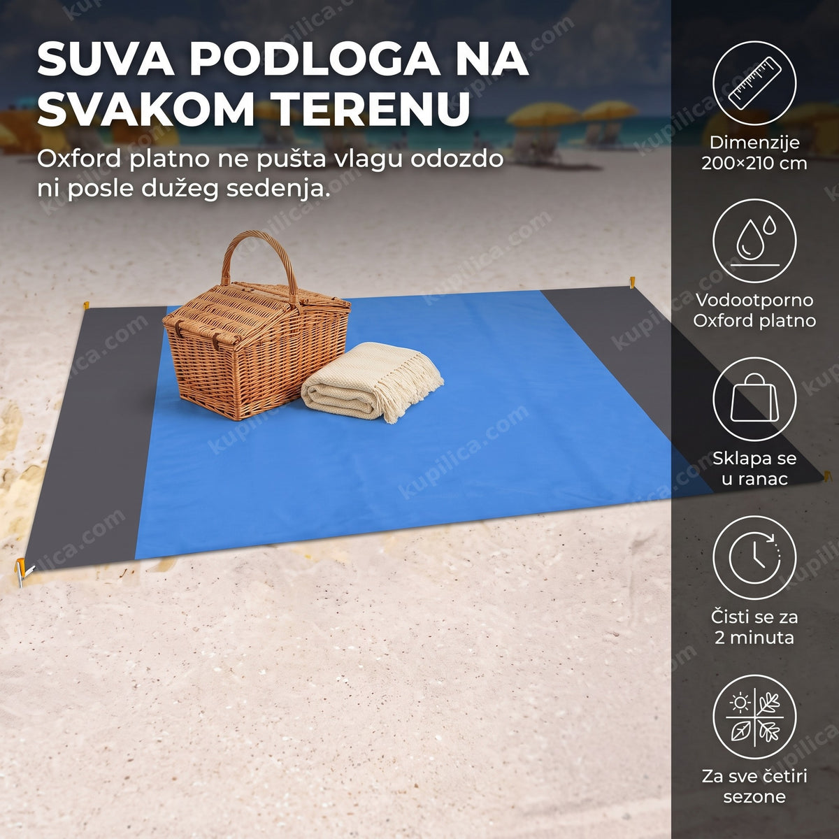 plava vodootporna prostirka za kampovanje razastrta prazna na peščanoj plaži