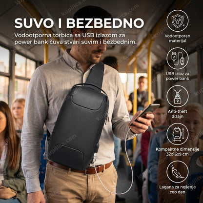 vodootporna torbica anti theft sa usb punjačem — nošena preko grudi u gradskom prevozu dok se telefon puni, benefiti proizvoda