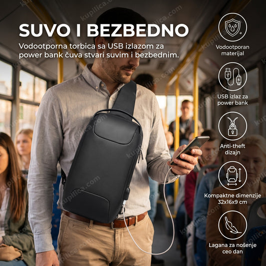 vodootporna torbica anti theft sa usb punjačem — nošena preko grudi u gradskom prevozu dok se telefon puni, benefiti proizvoda