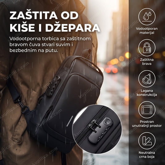 vodootporna torbica sa zaštitnom bravom crna, nošena preko ramena na kiši, benefiti proizvoda