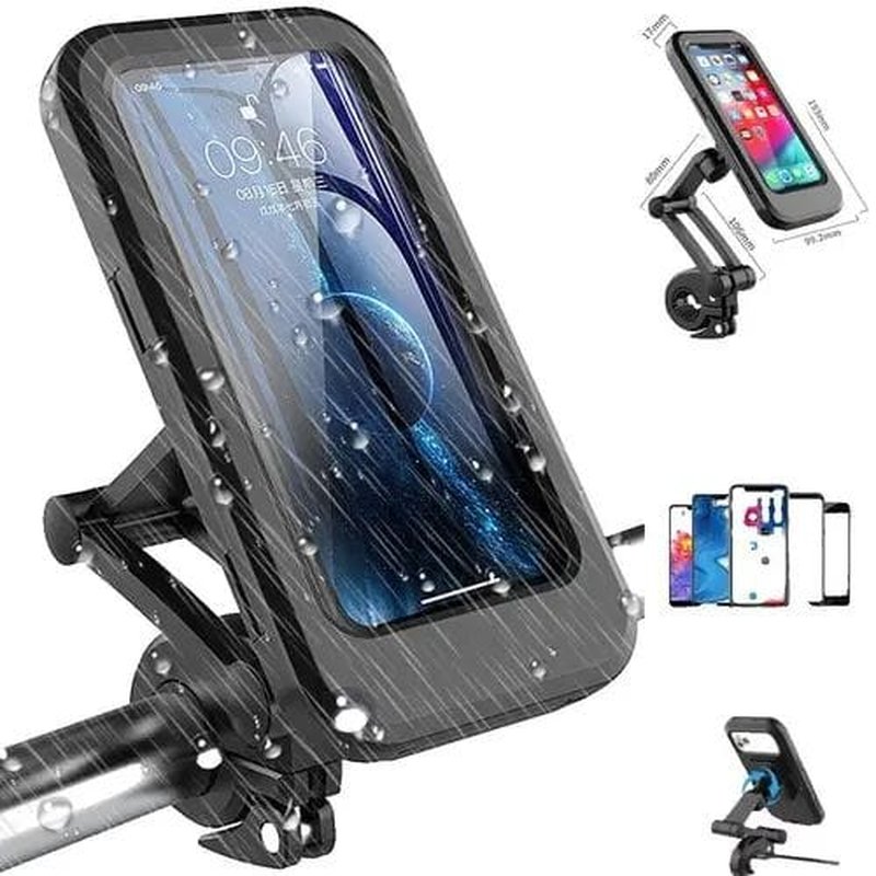 telefon u vodootpornom kućištu na kiši, uz prikaz kompatibilnih modela telefona