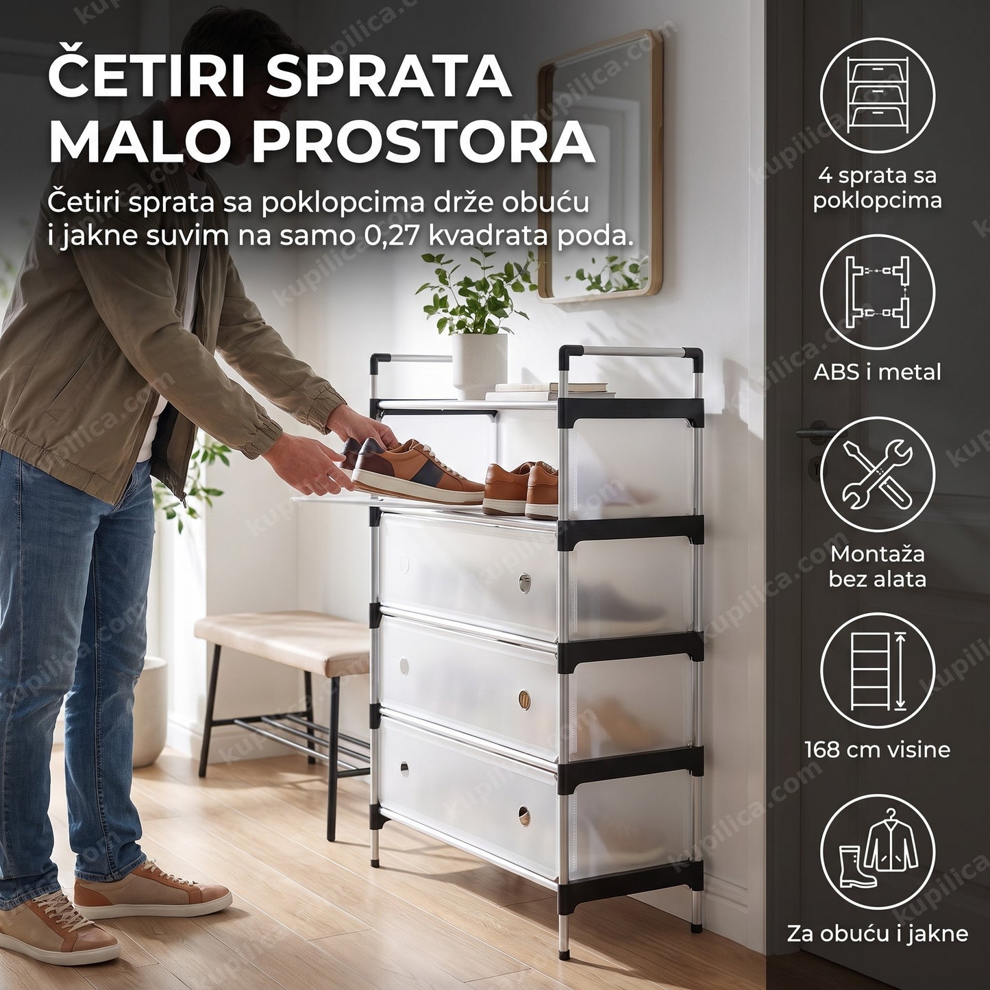 Osoba slaže obuću u vodootporni ormar sa četiri sprata u hodniku stana