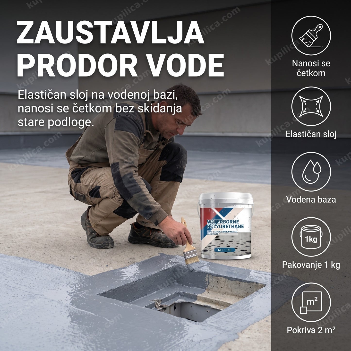 Radnik nanosi vodootporni poliuretanski premaz četkom oko odvoda na ravnom krovu
