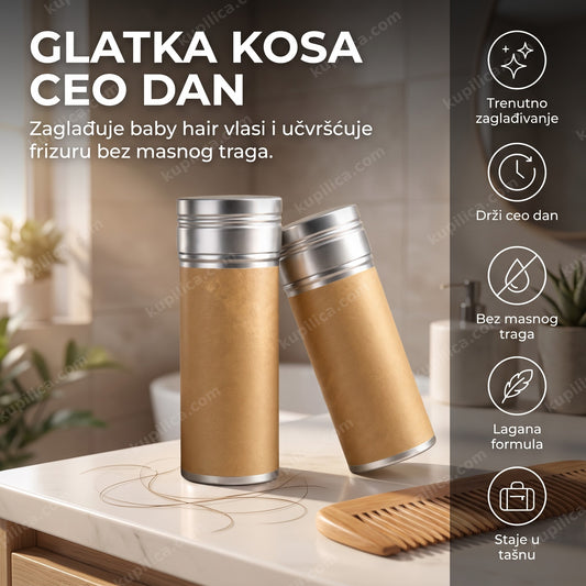 vosak stick za kosu za baby hair — dva stika sa metalnim poklopcem na stolu
