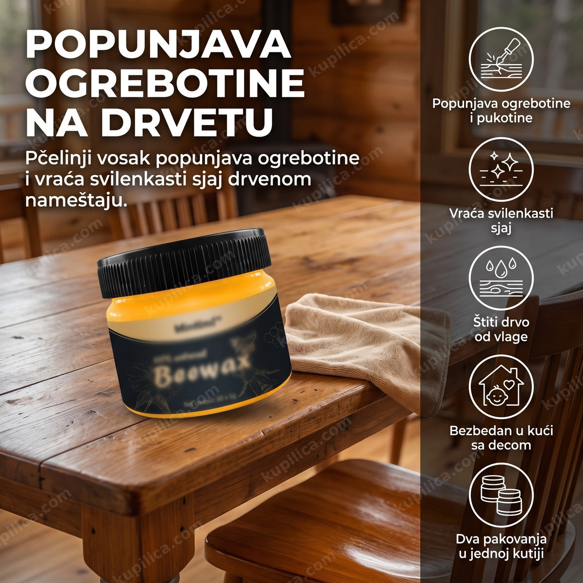 vosak za poliranje drveta pčelinji vosak u tegli pored polirane drvene površine, benefiti proizvoda