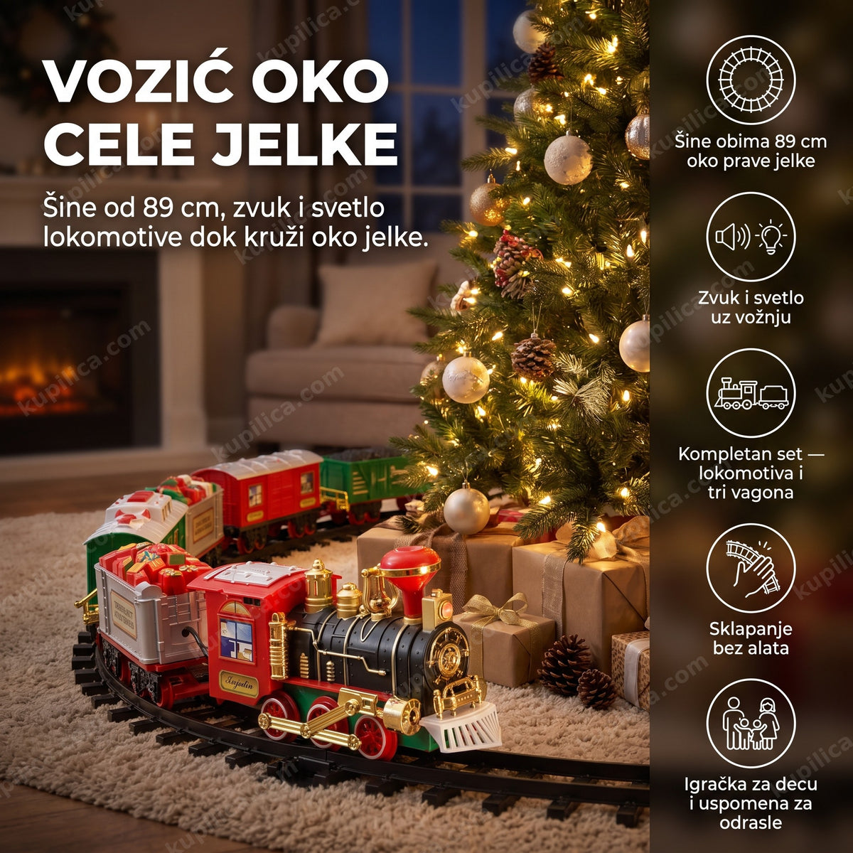 vozić za jelku sa šinama oko okićene jelke i svetlima, benefiti proizvoda