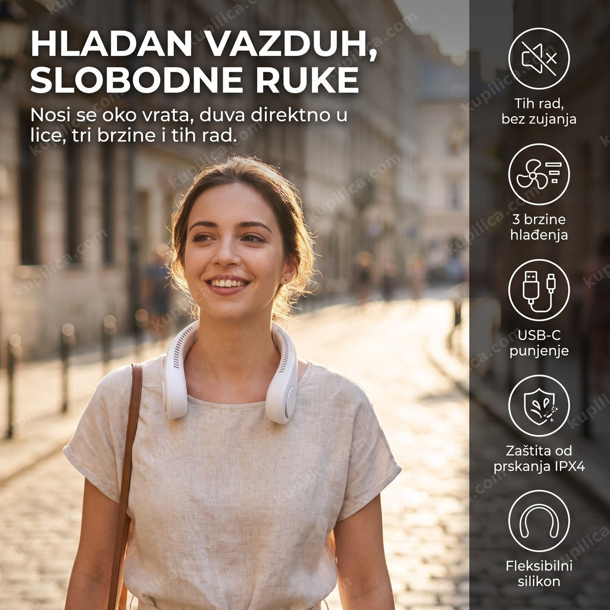 žena nosi vratni ventilator u gradu, benefiti proizvoda