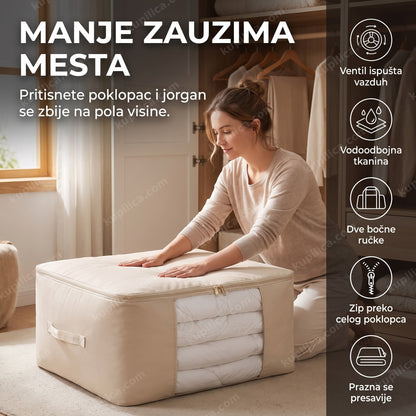 vreća za jorgane sa ventilom — žena pritiska poklopac vreće za jorgane pored ormana, benefiti proizvoda