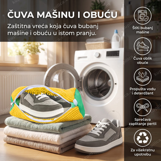 žuta vreća za pranje patika sa obućom pored veš mašine, benefiti proizvoda