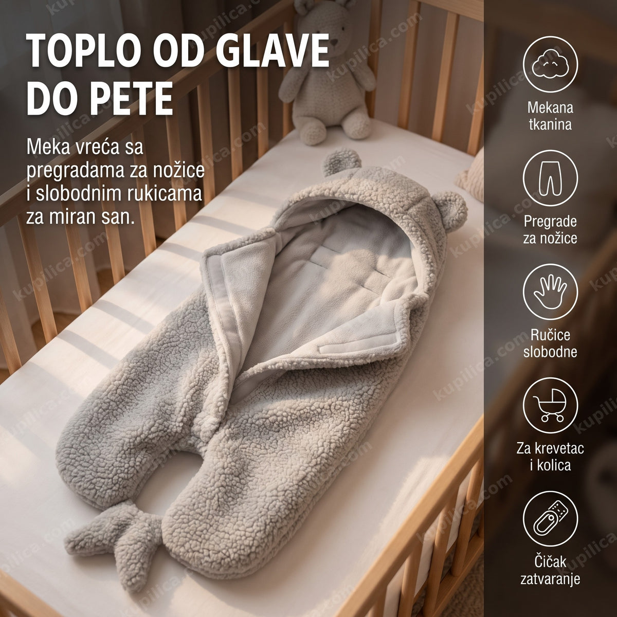 vreća za spavanje za bebe BabyBlanket sivo — meka flis vreća sa ušima na krevetcu