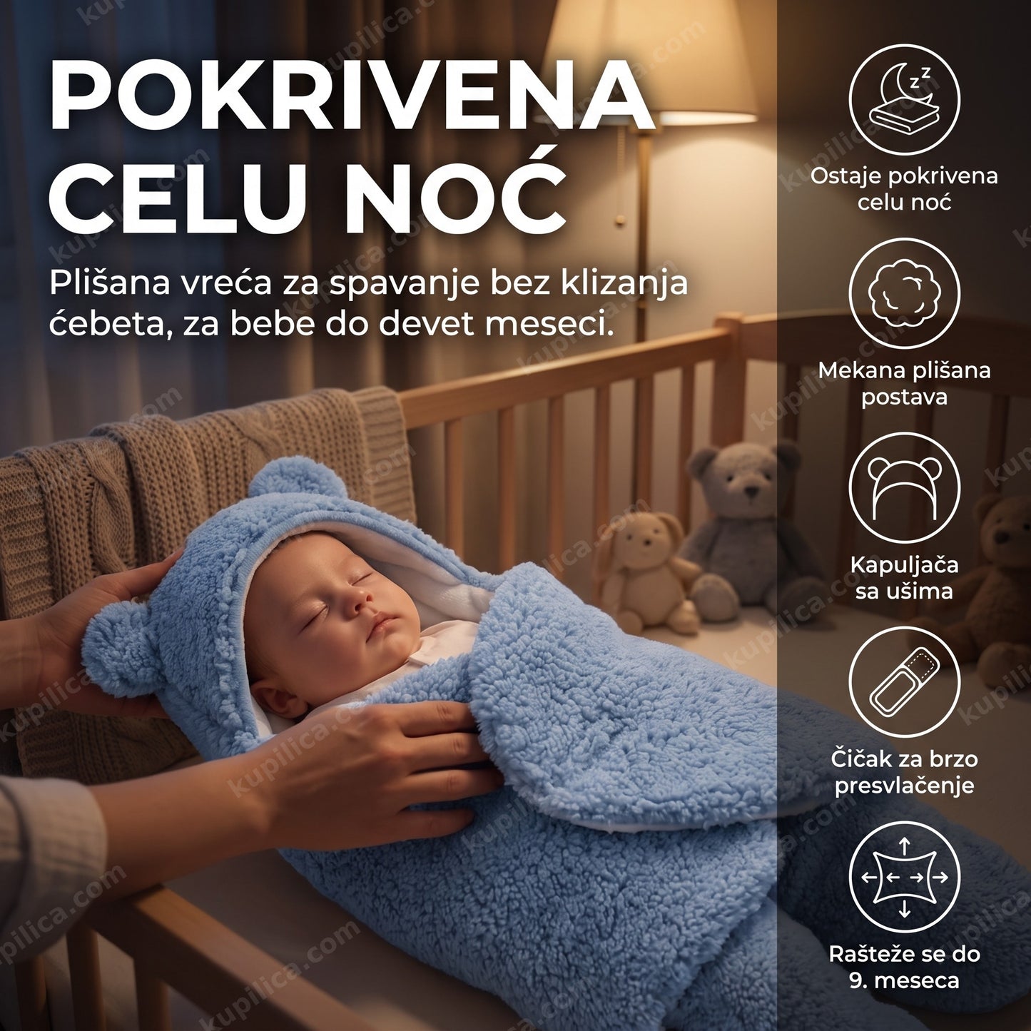 vreća za spavanje za bebe — beba u krevecu umotana u plišanu vreću za spavanje, benefiti proizvoda