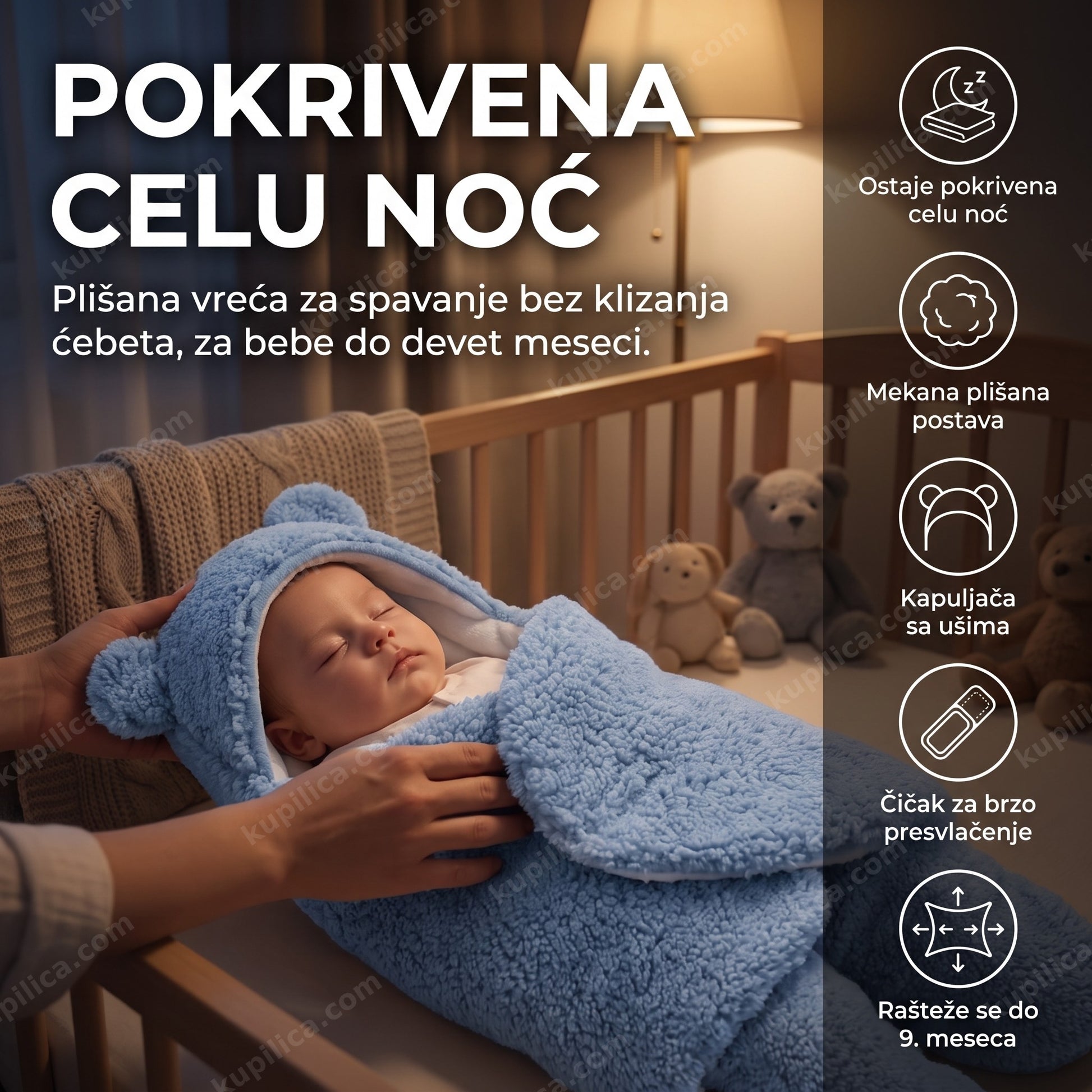vreća za spavanje za bebe — beba u krevecu umotana u plišanu vreću za spavanje, benefiti proizvoda