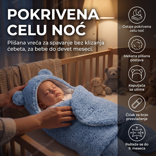 vreća za spavanje za bebe — beba u krevecu umotana u plišanu vreću za spavanje, benefiti proizvoda