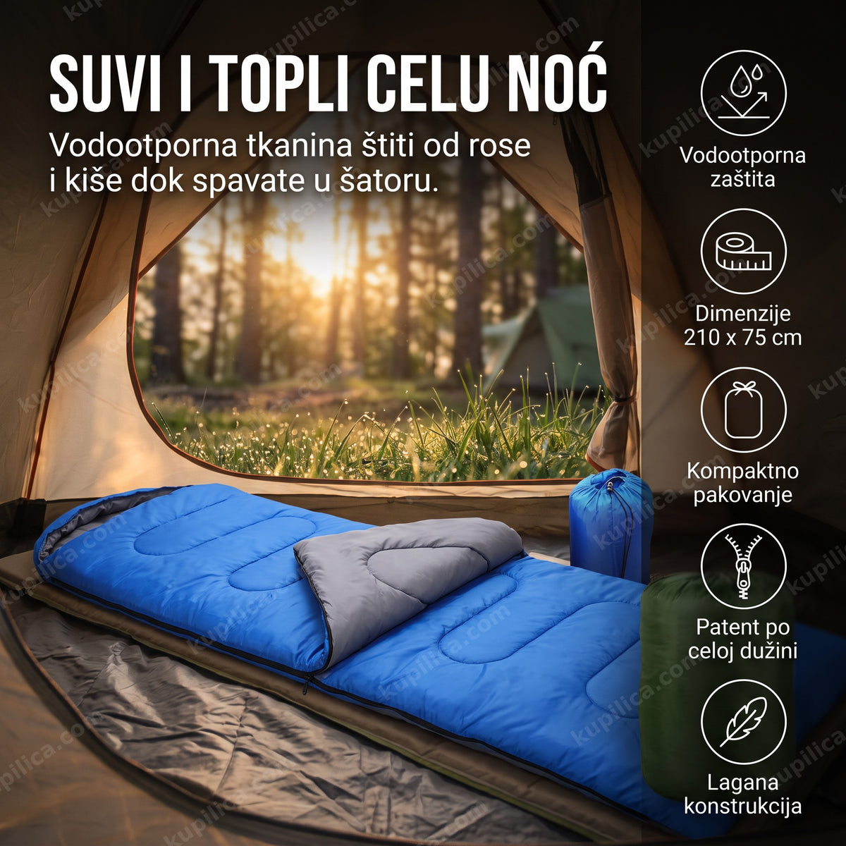 vreća za spavanje za kampovanje unutar šatora u zoru, benefiti proizvoda