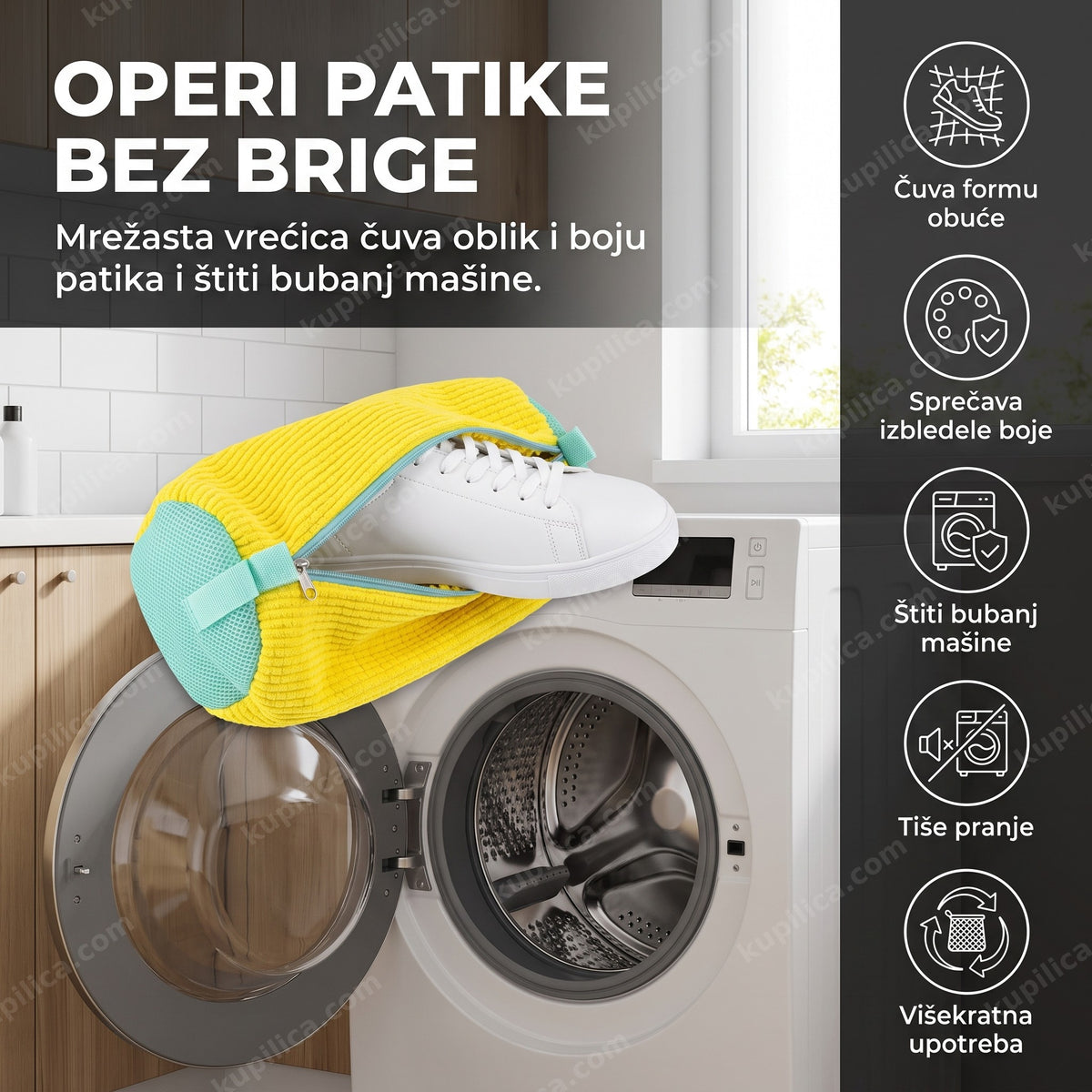 žuta mrežasta vrećica za pranje patika bez brenda pored veš mašine, benefiti proizvoda