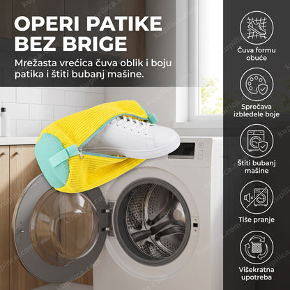 žuta mrežasta vrećica za pranje patika bez brenda pored veš mašine, benefiti proizvoda