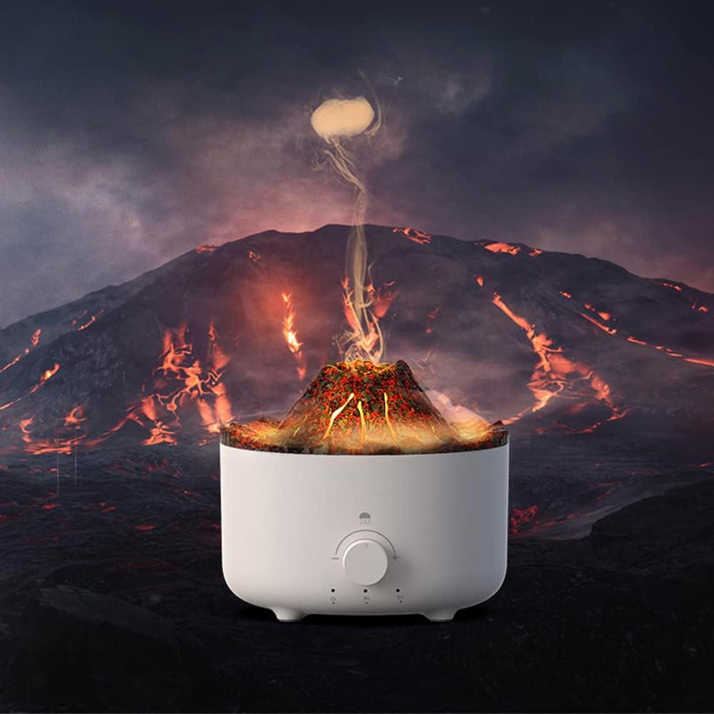 vulkanski difuzer Vulcano ispred ilustracije vulkana sa lavom, magla izlazi iz kratera