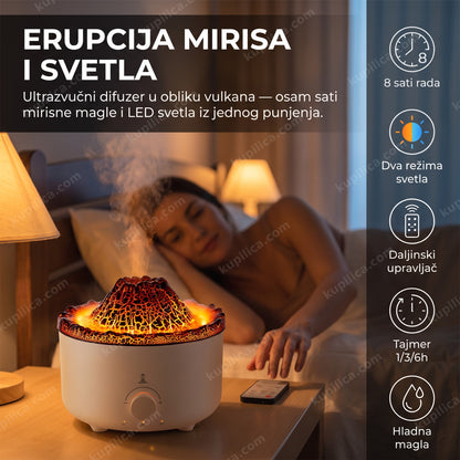 Žena se opušta u spavaćoj sobi dok Vulcano difuzer ispušta mirisnu maglu i narandžasto svetlo