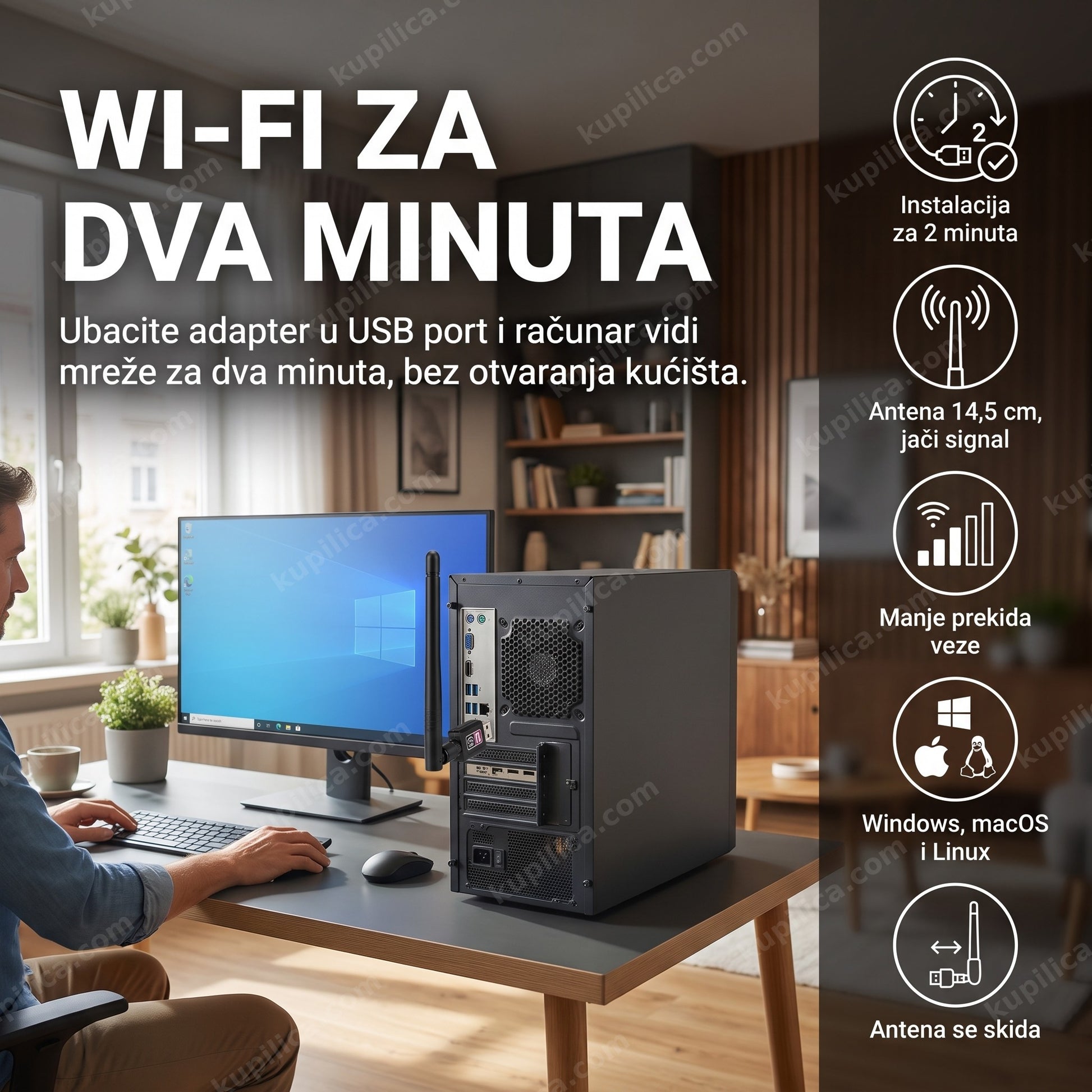 wifi antena za računar — osoba priključuje usb adapter na stoni računar, benefiti proizvoda
