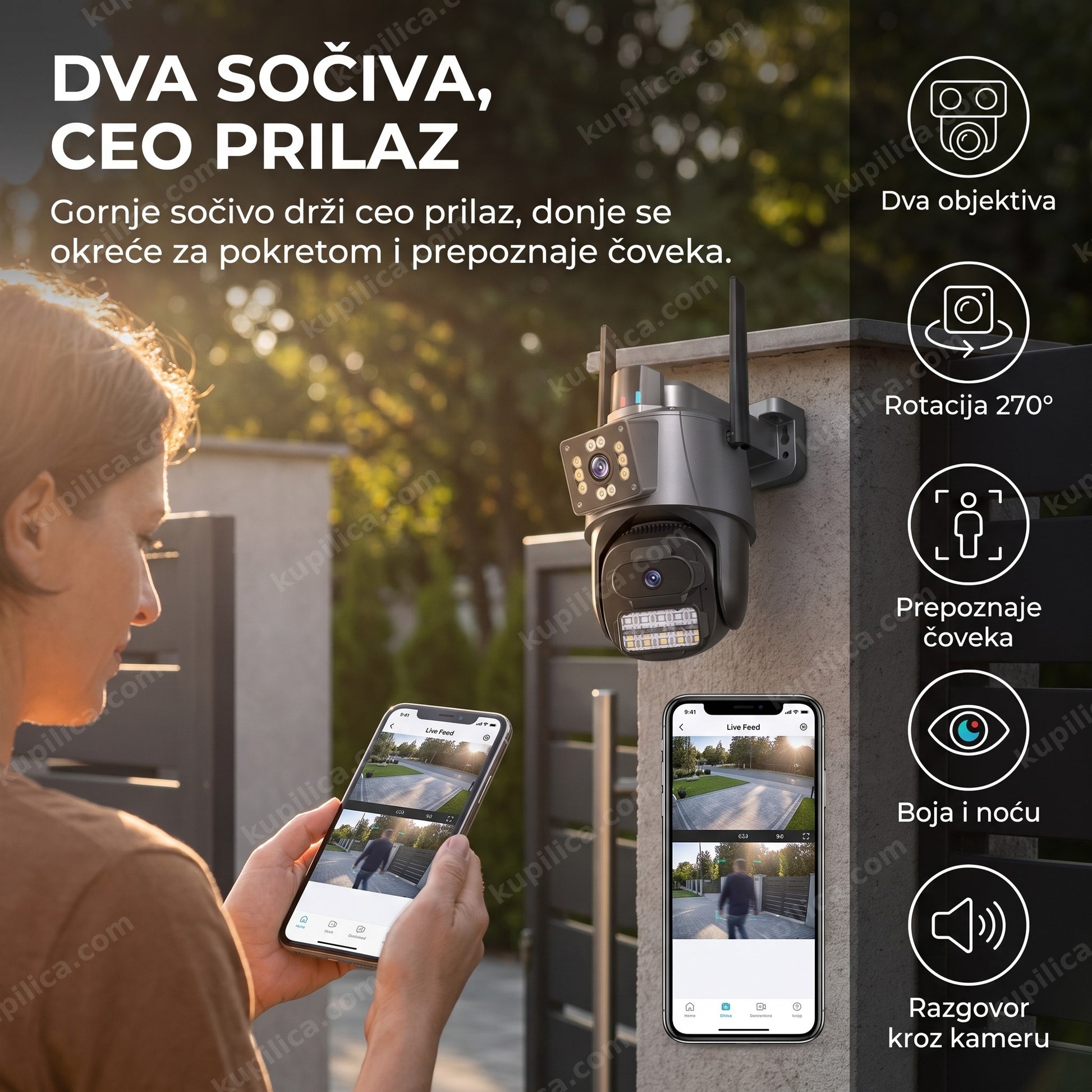 Vlasnik kuće gleda dvostruki prikaz sa WiFi kamere A38 na telefonu pored kapije