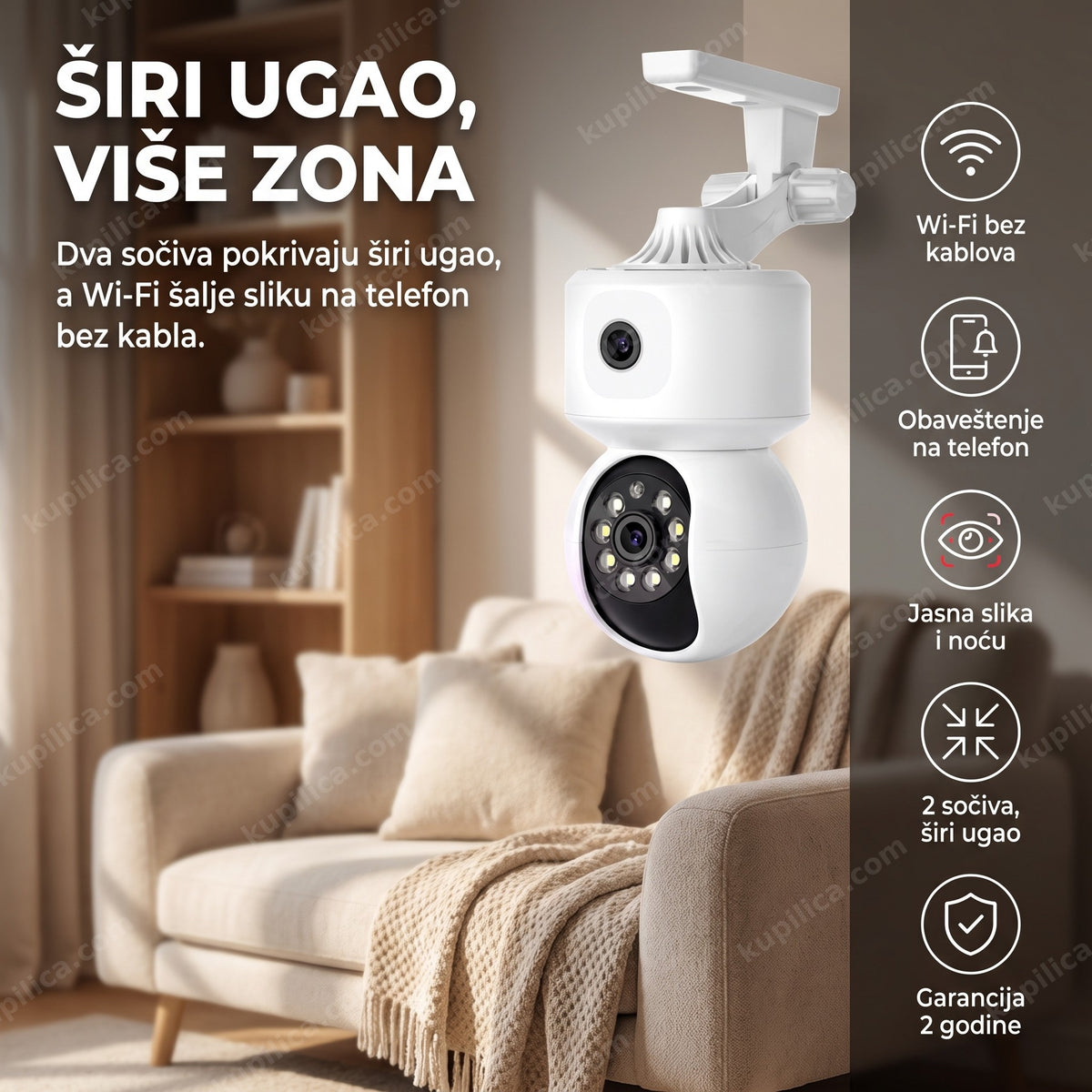 wifi kamera sa 2 sočiva montirana u uglu dnevne sobe, benefiti proizvoda