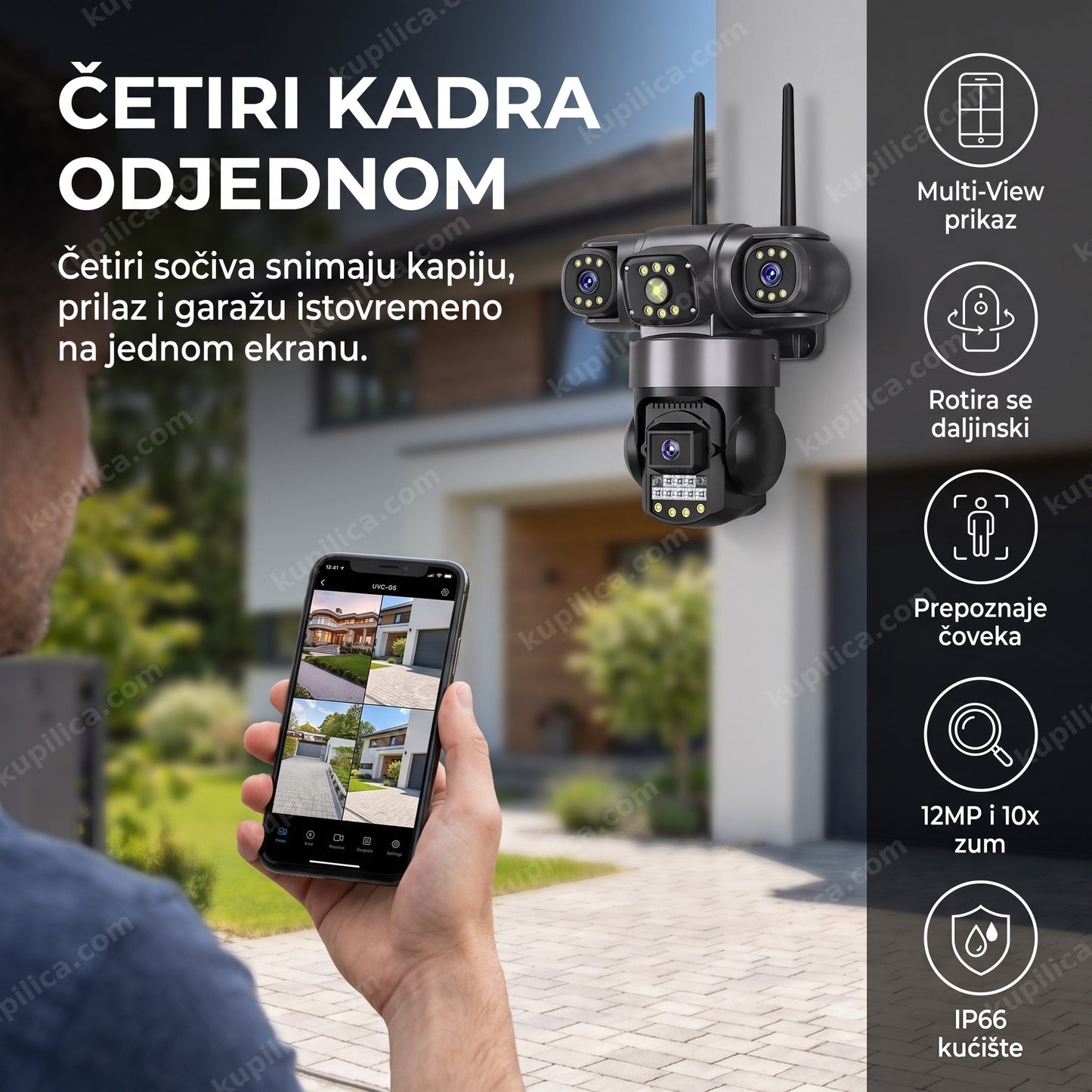 Vlasnik kuće gleda Multi-View prikaz sa WiFi kamere sa 4 sočiva na telefonu