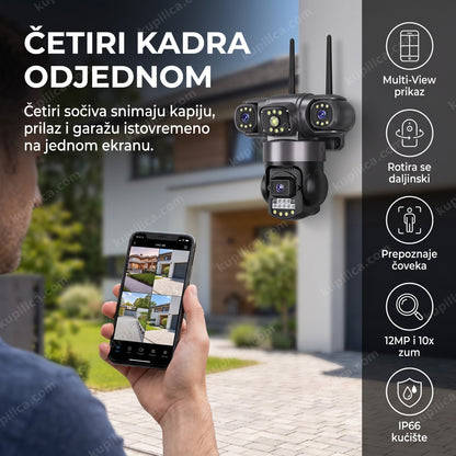 Vlasnik kuće gleda Multi-View prikaz sa WiFi kamere sa 4 sočiva na telefonu