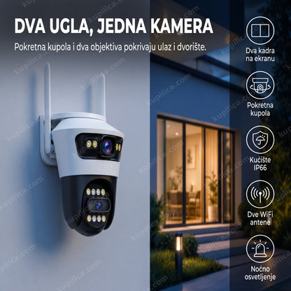 WiFi kamera sa dva objektiva montirana na fasadi kuće noću
