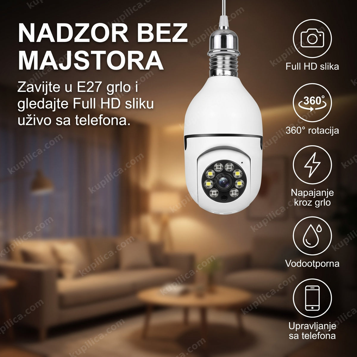 wifi kamera sijalica E27 — PTZ kamera okačena u sijaličnom grlu na plafonu