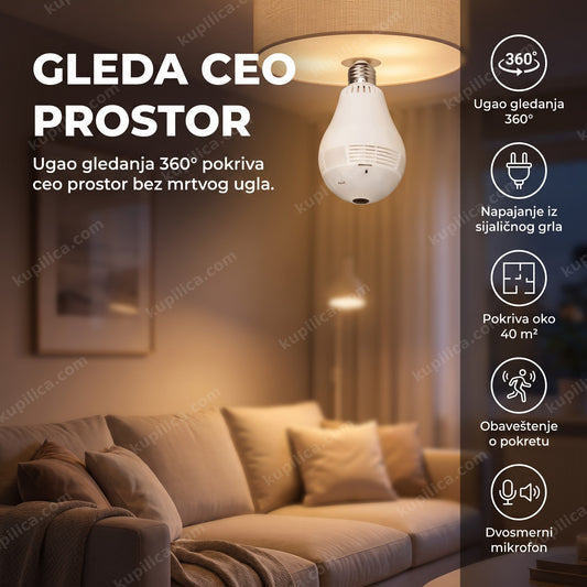 wifi kamera u obliku sijalice uvrnuta u plafonsko grlo dnevne sobe, benefiti proizvoda