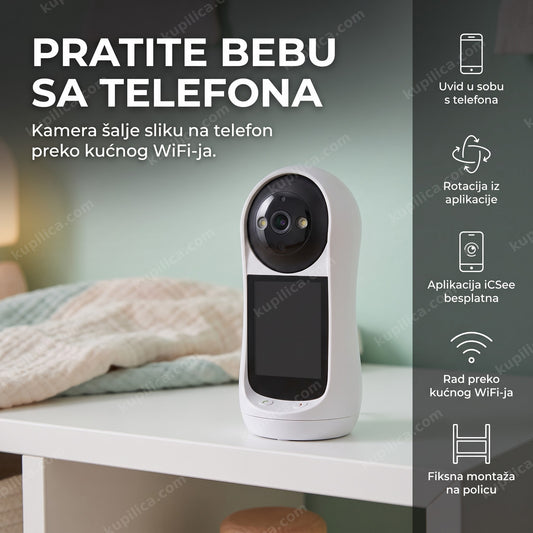 bela wifi kamera za bebe sa ugašenim ekranom na polici u sobi