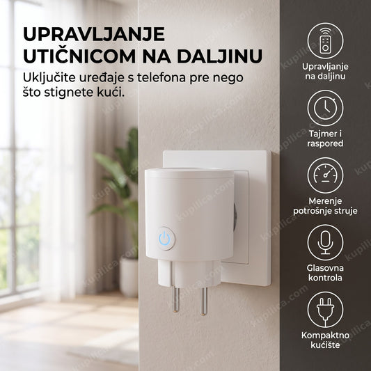 bela wifi pametna utičnica sa plavim led indikatorom u zidnoj utičnici
