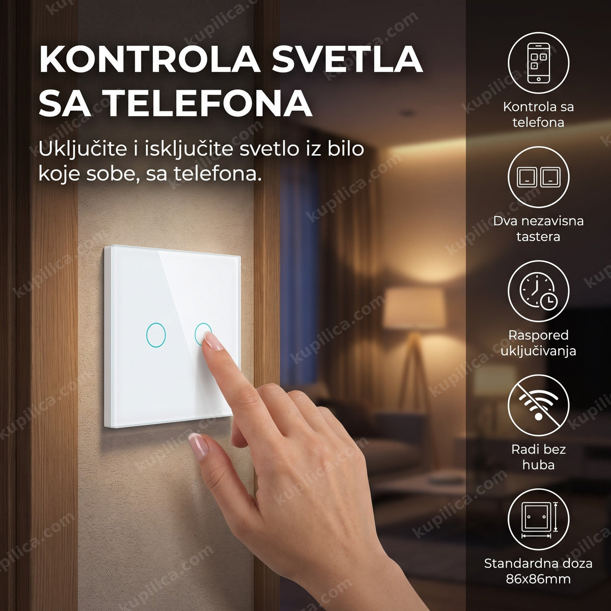 wifi pametni prekidač na zidu moderne dnevne sobe uveče, prikaz benefiti proizvoda