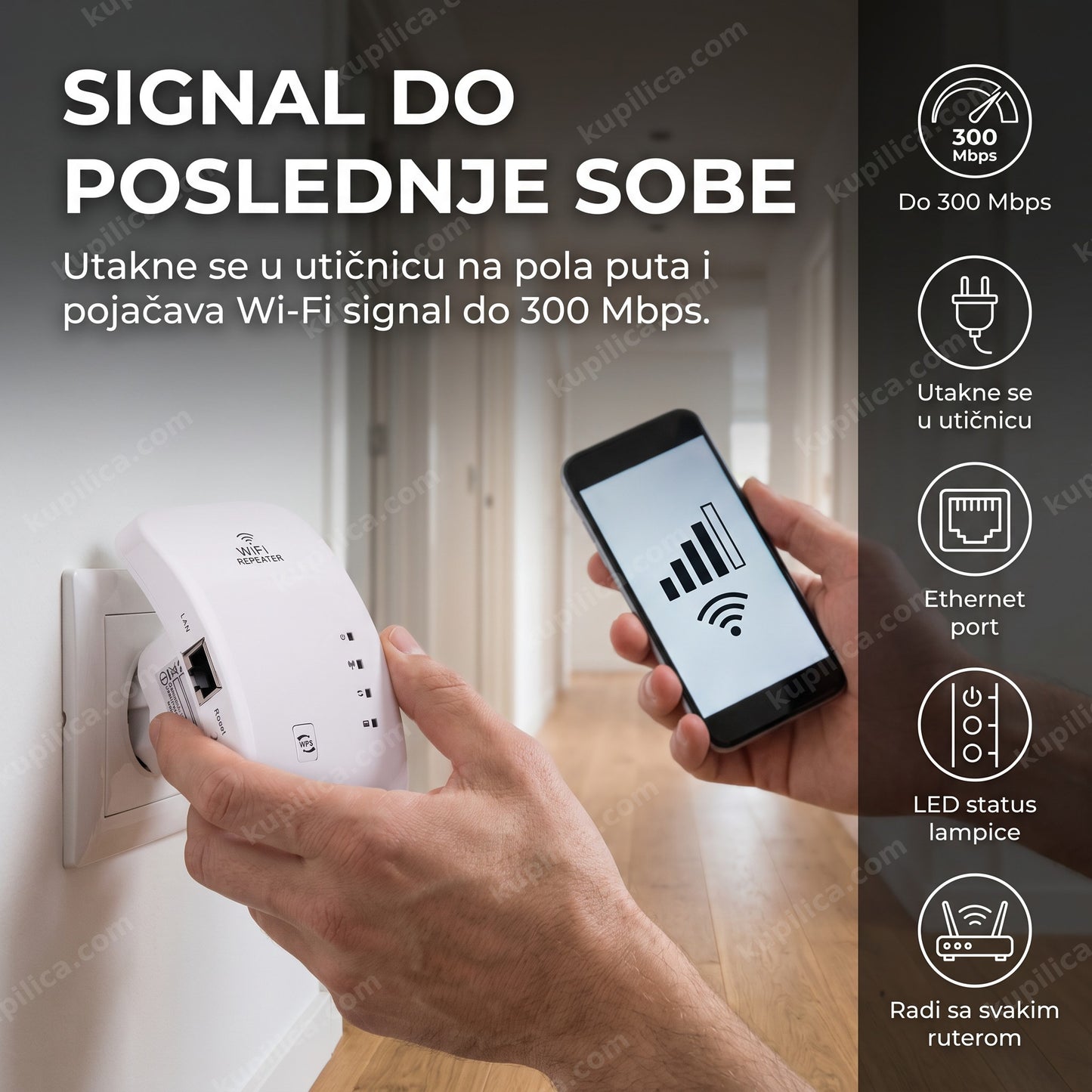 Osoba uključuje WiFi pojačivač signala u utičnicu u hodniku stana