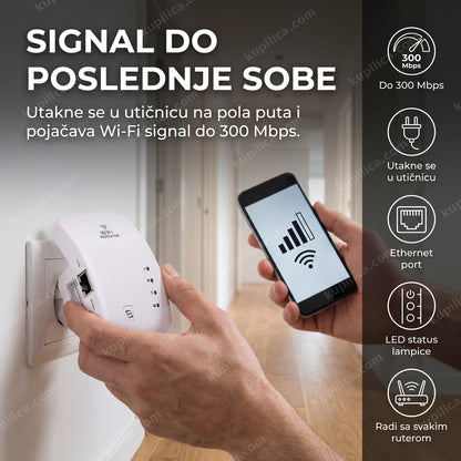 Osoba uključuje WiFi pojačivač signala u utičnicu u hodniku stana
