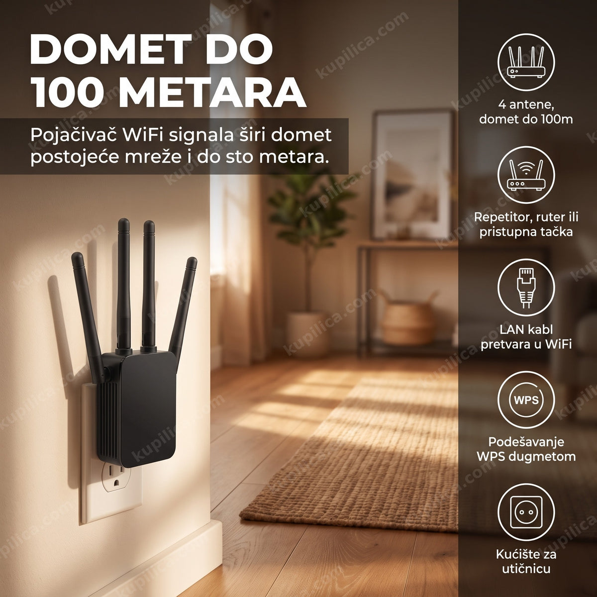 wifi pojačivač signala u utičnici pokriva signalom celu kuću, prikaz benefita proizvoda