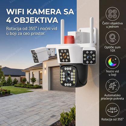 WiFi PTZ kamera sa 4 objektiva montirana na uglu kuće uveče