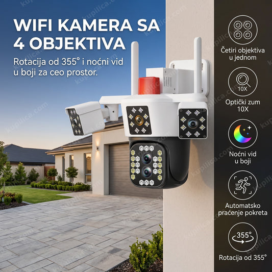 WiFi PTZ kamera sa 4 objektiva montirana na uglu kuće uveče
