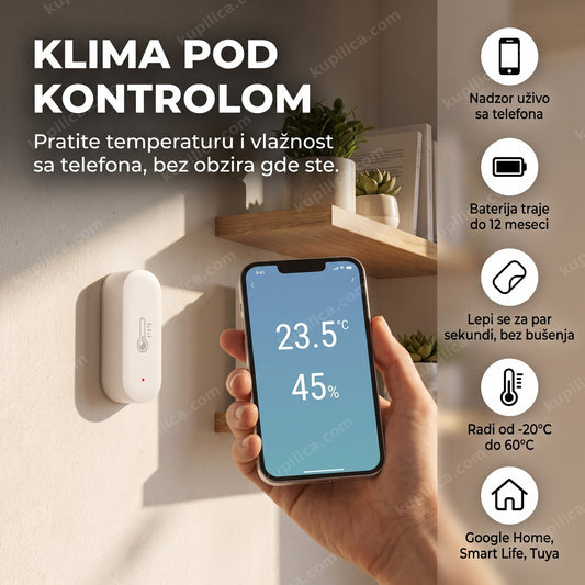 wifi senzor temperature i vlažnosti montiran na zidu pored telefona sa očitavanjem, benefiti proizvoda