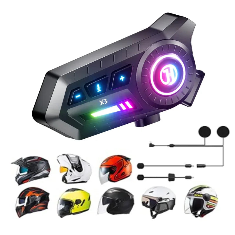 X3 bluetooth komunikator za kacigu sa rgb svetlom i ikonama kompatibilnih kaciga