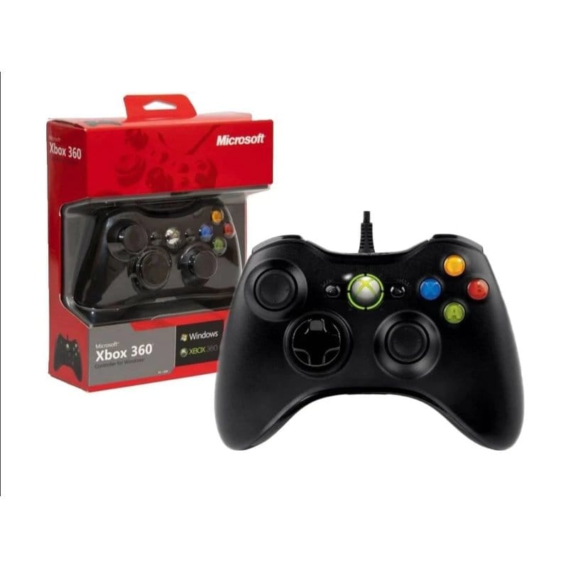 Xbox 360 žičani džojstik pored originalne kutije sa microsoft logom