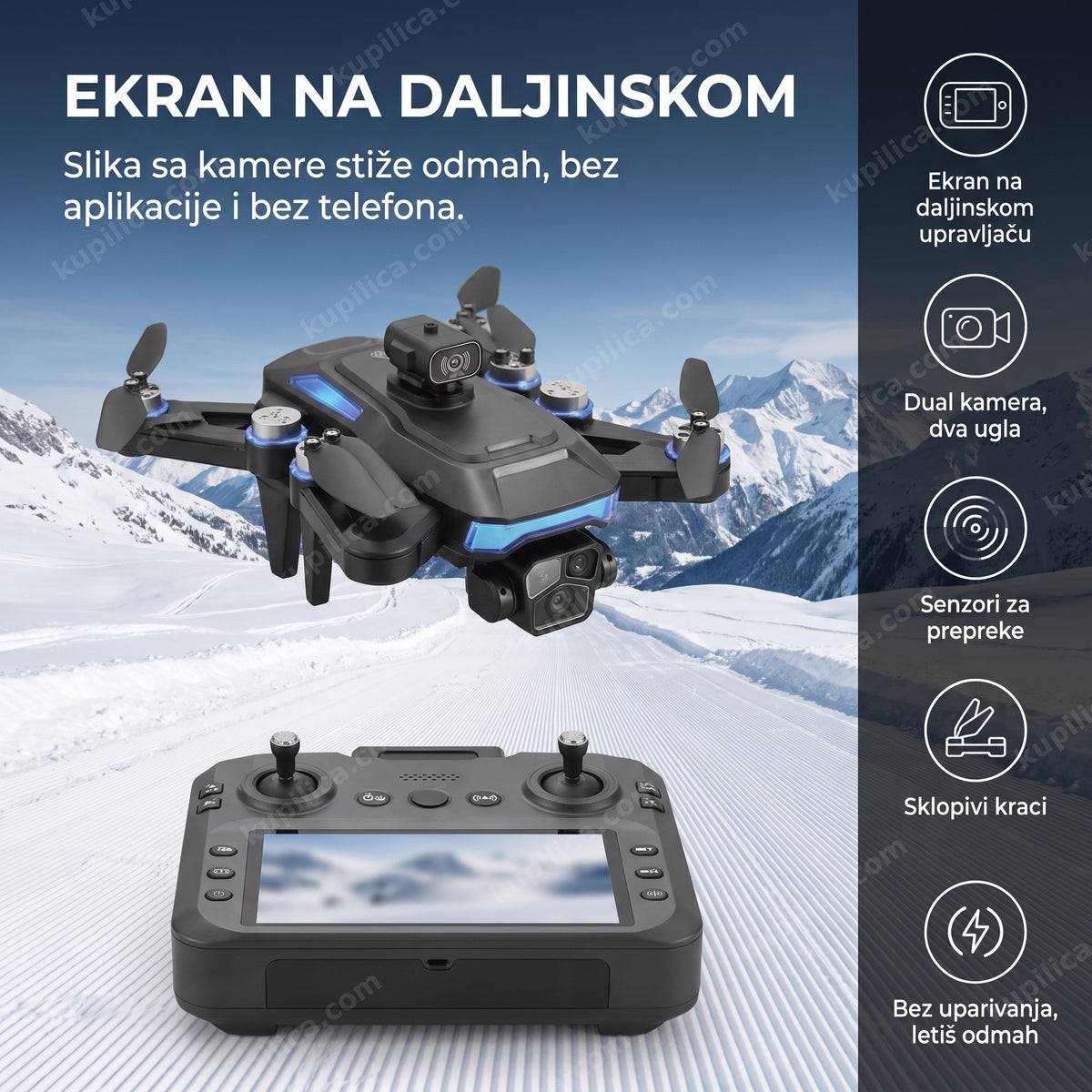 XF609 sklopivi dron leti iznad snežne planinske staze, benefiti proizvoda