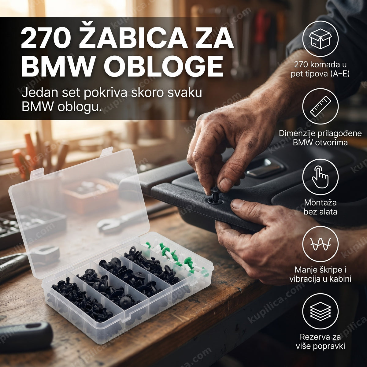 Žabice za pričvršćivanje BMW u radionici, ruka postavlja plastičnu kopču na oblogu vrata - benefiti proizvoda