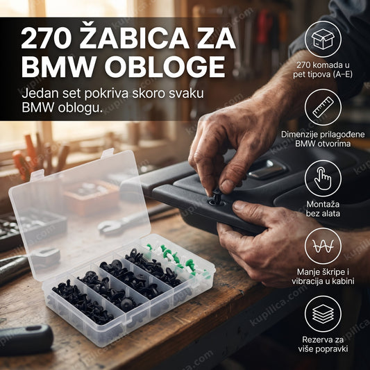 Žabice za pričvršćivanje BMW u radionici, ruka postavlja plastičnu kopču na oblogu vrata - benefiti proizvoda