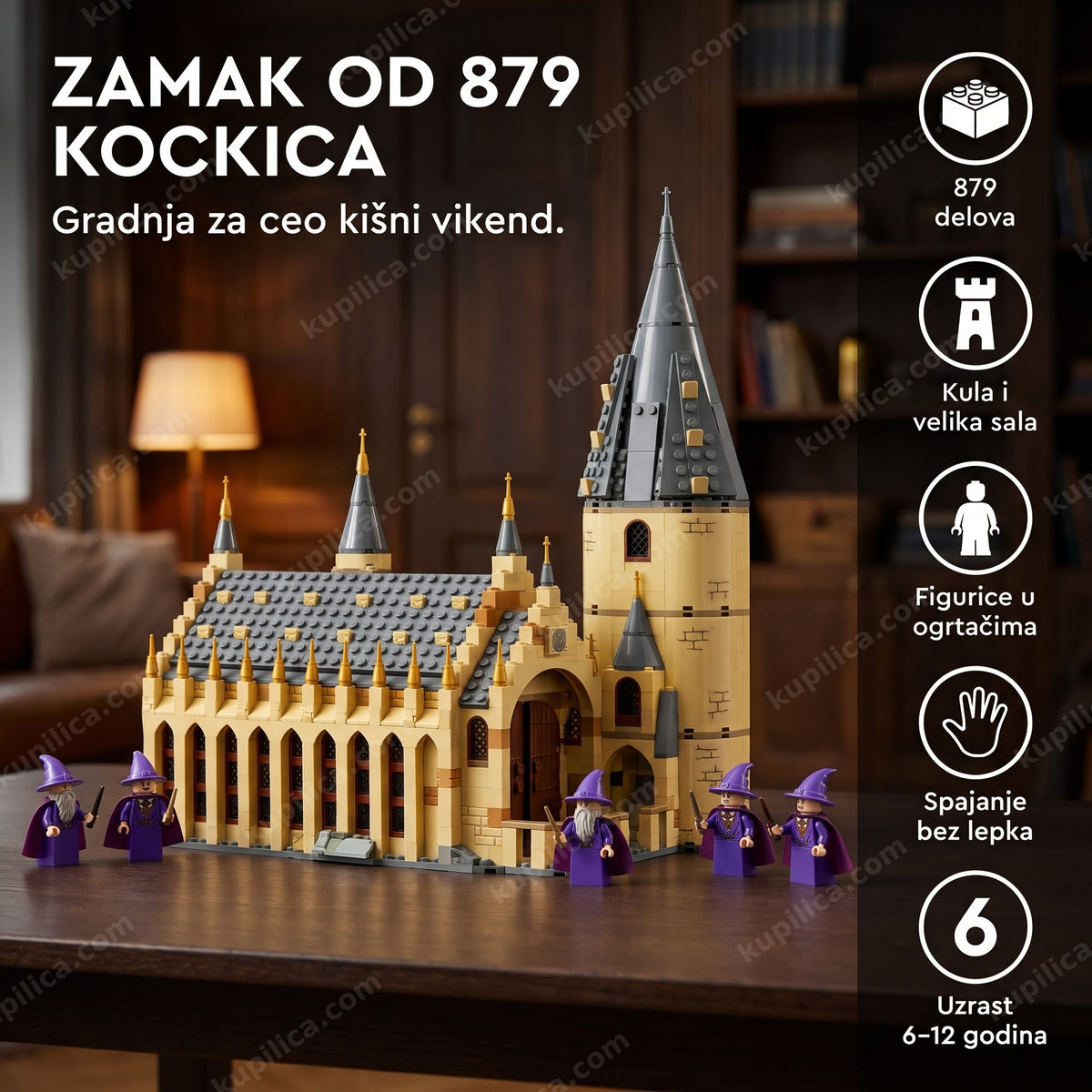 žuti zamak od kockica sa kulom, 879 delova, na stolu u dnevnoj sobi