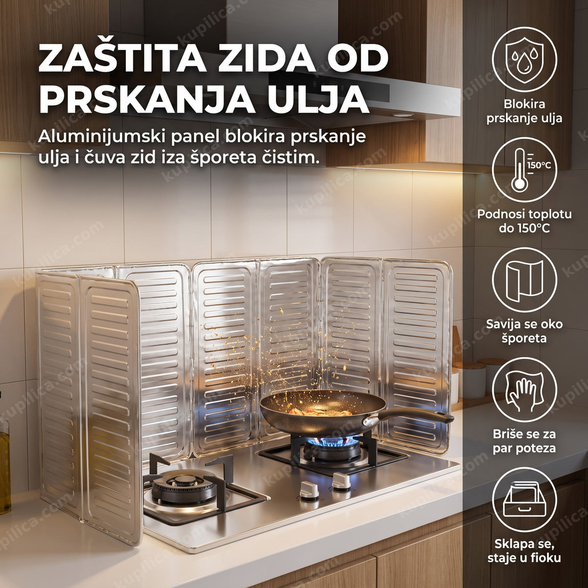 aluminijumski panel pruža zaštitu zidu iza šporeta od prskanja ulja, benefiti proizvoda