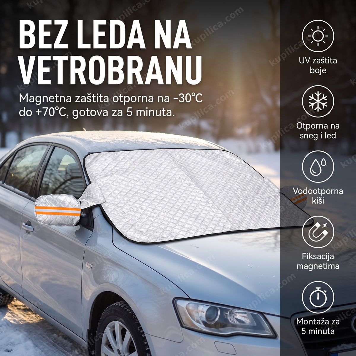 zaštita vetrobranskog stakla od snega i leda na parkiranom automobilu zimi