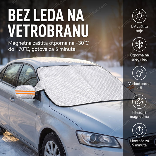 zaštita vetrobranskog stakla od snega i leda na parkiranom automobilu zimi
