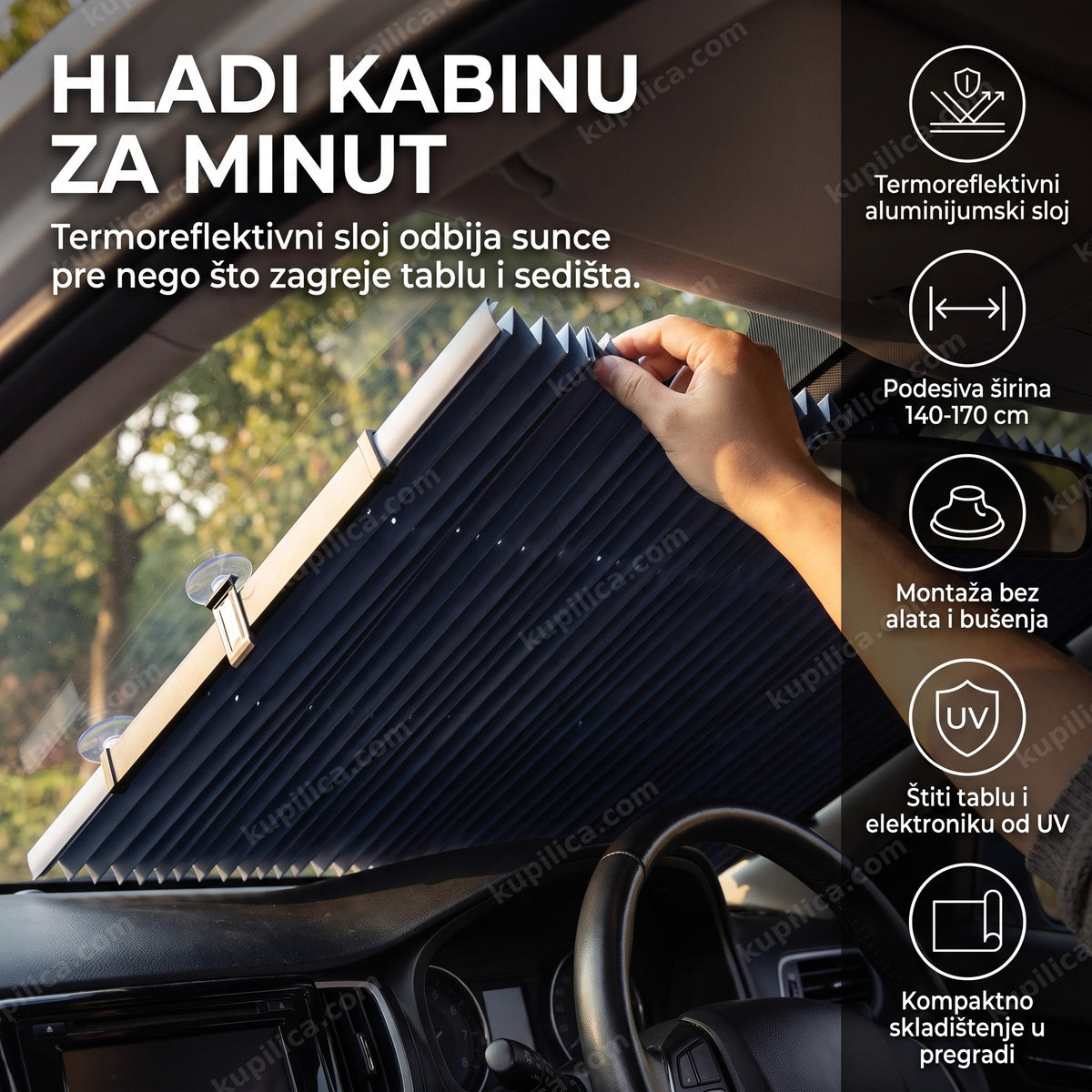 zaštita za šoferšajbnu termoreflektivna roletna postavljena u kabini automobila, benefiti proizvoda