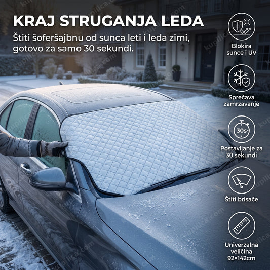 Zaštitna cerada za šoferšajbnu postavljena na vetrobran automobila mraznog jutra, prikazuje benefite proizvoda